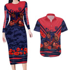 Personalised Melbourne Demons ANZAC Couples Matching Long Sleeve Bodycon Dress and Hawaiian Shirt Military Remembrance Australian Football Mascot Camouflage