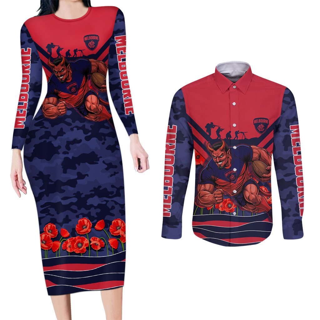Personalised Melbourne Demons ANZAC Couples Matching Long Sleeve Bodycon Dress and Long Sleeve Button Shirt Military Remembrance Australian Football Mascot Camouflage