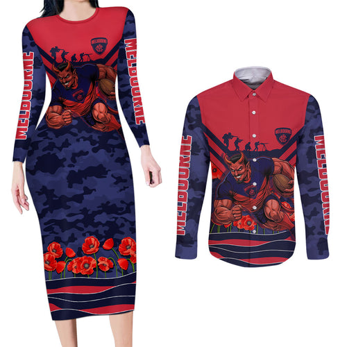 Personalised Melbourne Demons ANZAC Couples Matching Long Sleeve Bodycon Dress and Long Sleeve Button Shirt Military Remembrance Australian Football Mascot Camouflage