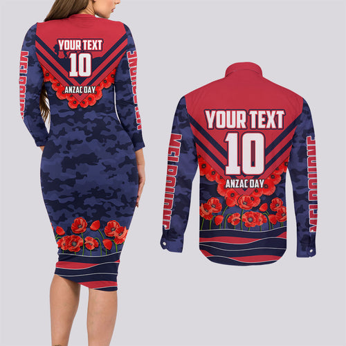 Personalised Melbourne Demons ANZAC Couples Matching Long Sleeve Bodycon Dress and Long Sleeve Button Shirt Military Remembrance Australian Football Mascot Camouflage