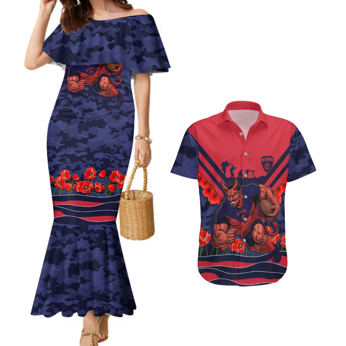 Personalised Melbourne Demons ANZAC Couples Matching Mermaid Dress and Hawaiian Shirt Military Remembrance Australian Football Mascot Camouflage