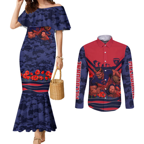 Personalised Melbourne Demons ANZAC Couples Matching Mermaid Dress and Long Sleeve Button Shirt Military Remembrance Australian Football Mascot Camouflage