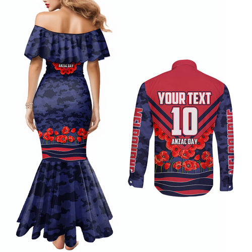 Personalised Melbourne Demons ANZAC Couples Matching Mermaid Dress and Long Sleeve Button Shirt Military Remembrance Australian Football Mascot Camouflage