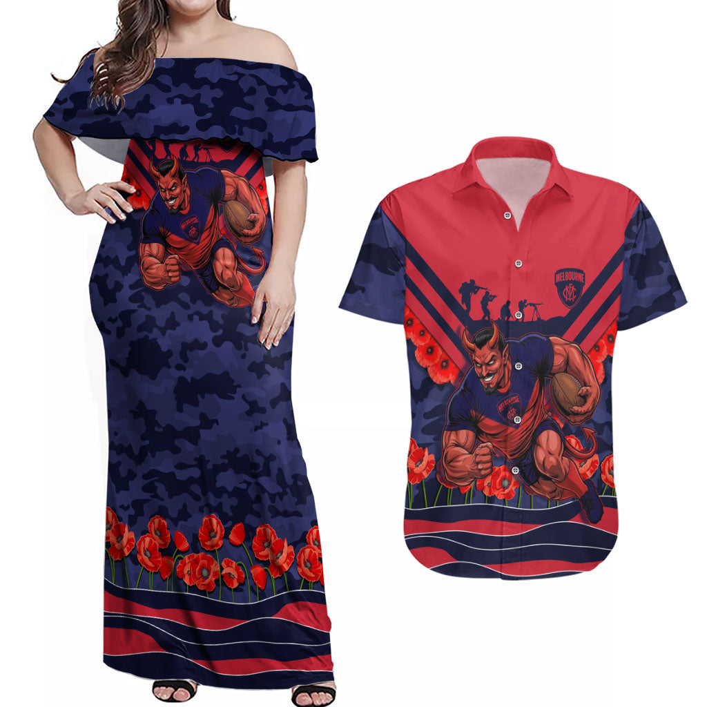Personalised Melbourne Demons ANZAC Couples Matching Off Shoulder Maxi Dress and Hawaiian Shirt Military Remembrance Australian Football Mascot Camouflage