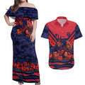 Personalised Melbourne Demons ANZAC Couples Matching Off Shoulder Maxi Dress and Hawaiian Shirt Military Remembrance Australian Football Mascot Camouflage