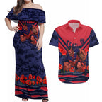 Personalised Melbourne Demons ANZAC Couples Matching Off Shoulder Maxi Dress and Hawaiian Shirt Military Remembrance Australian Football Mascot Camouflage