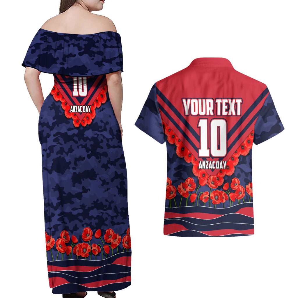 Personalised Melbourne Demons ANZAC Couples Matching Off Shoulder Maxi Dress and Hawaiian Shirt Military Remembrance Australian Football Mascot Camouflage