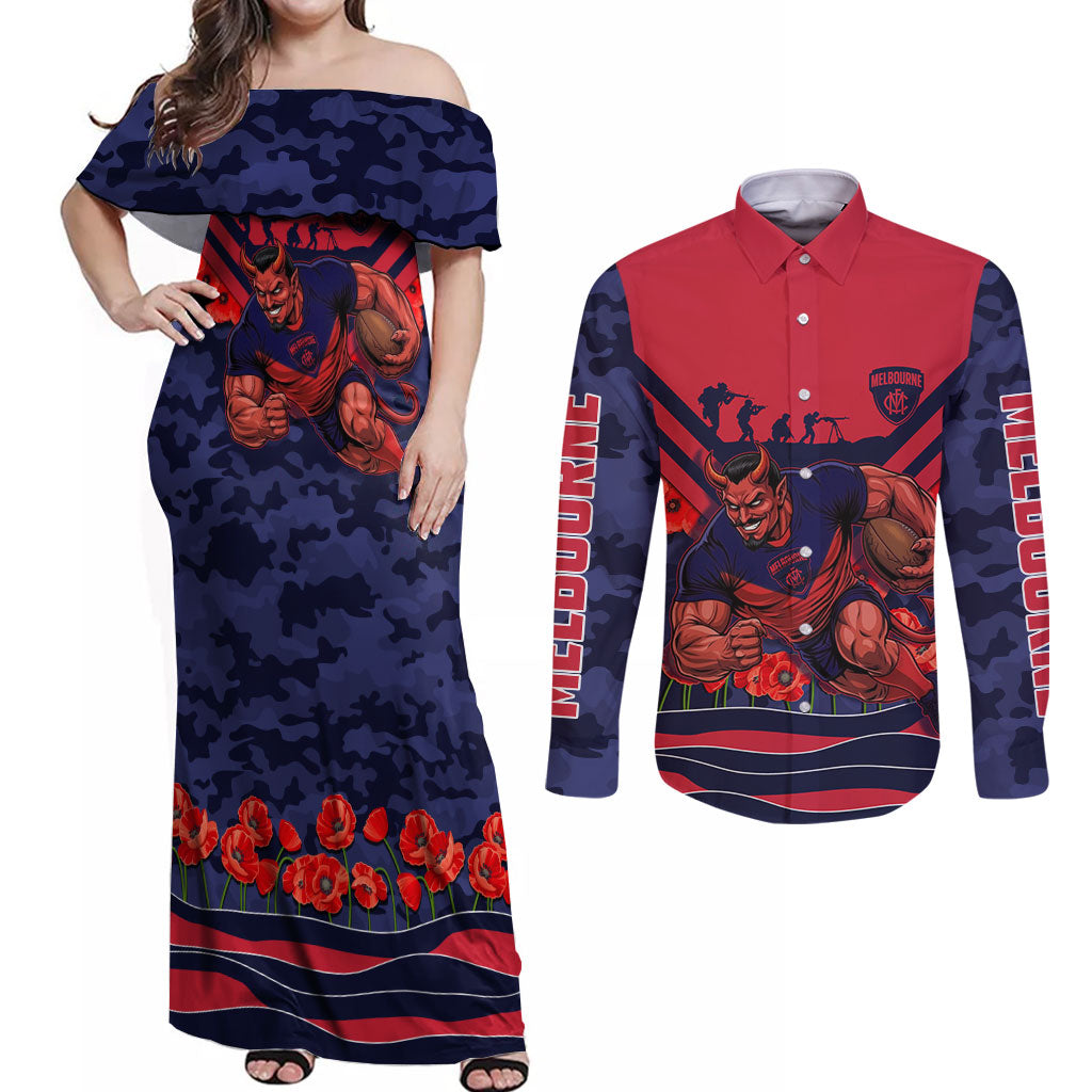 Personalised Melbourne Demons ANZAC Couples Matching Off Shoulder Maxi Dress and Long Sleeve Button Shirt Military Remembrance Australian Football Mascot Camouflage