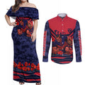 Personalised Melbourne Demons ANZAC Couples Matching Off Shoulder Maxi Dress and Long Sleeve Button Shirt Military Remembrance Australian Football Mascot Camouflage