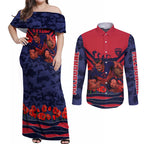 Personalised Melbourne Demons ANZAC Couples Matching Off Shoulder Maxi Dress and Long Sleeve Button Shirt Military Remembrance Australian Football Mascot Camouflage