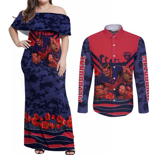 Personalised Melbourne Demons ANZAC Couples Matching Off Shoulder Maxi Dress and Long Sleeve Button Shirt Military Remembrance Australian Football Mascot Camouflage