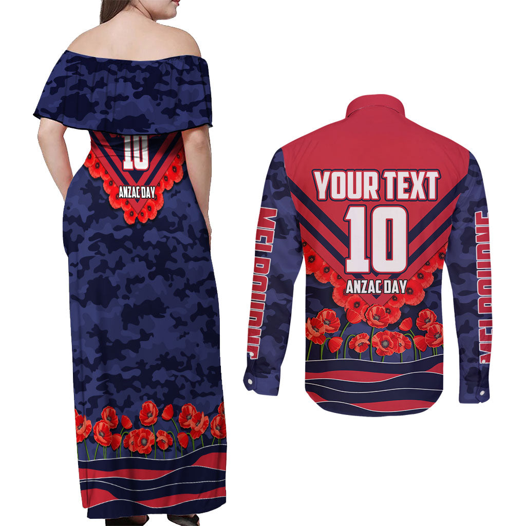 Personalised Melbourne Demons ANZAC Couples Matching Off Shoulder Maxi Dress and Long Sleeve Button Shirt Military Remembrance Australian Football Mascot Camouflage