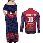 Personalised Melbourne Demons ANZAC Couples Matching Off Shoulder Maxi Dress and Long Sleeve Button Shirt Military Remembrance Australian Football Mascot Camouflage