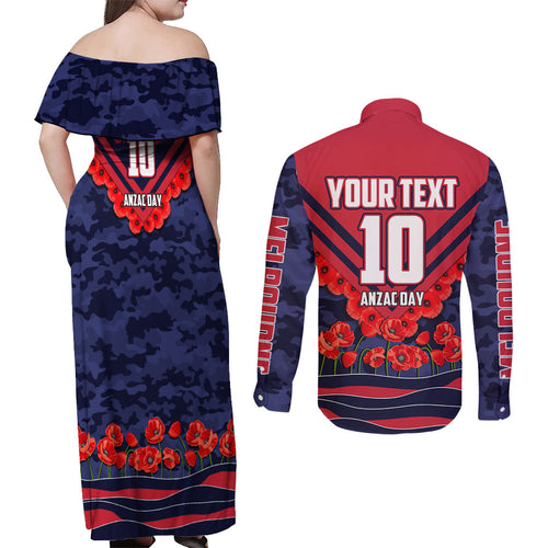 Personalised Melbourne Demons ANZAC Couples Matching Off Shoulder Maxi Dress and Long Sleeve Button Shirt Military Remembrance Australian Football Mascot Camouflage
