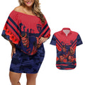 Personalised Melbourne Demons ANZAC Couples Matching Off Shoulder Short Dress and Hawaiian Shirt Military Remembrance Australian Football Mascot Camouflage