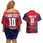 Personalised Melbourne Demons ANZAC Couples Matching Off Shoulder Short Dress and Hawaiian Shirt Military Remembrance Australian Football Mascot Camouflage
