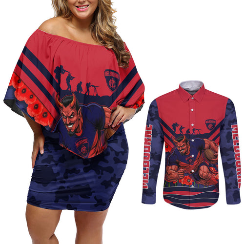 Personalised Melbourne Demons ANZAC Couples Matching Off Shoulder Short Dress and Long Sleeve Button Shirt Military Remembrance Australian Football Mascot Camouflage