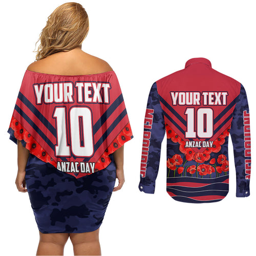 Personalised Melbourne Demons ANZAC Couples Matching Off Shoulder Short Dress and Long Sleeve Button Shirt Military Remembrance Australian Football Mascot Camouflage