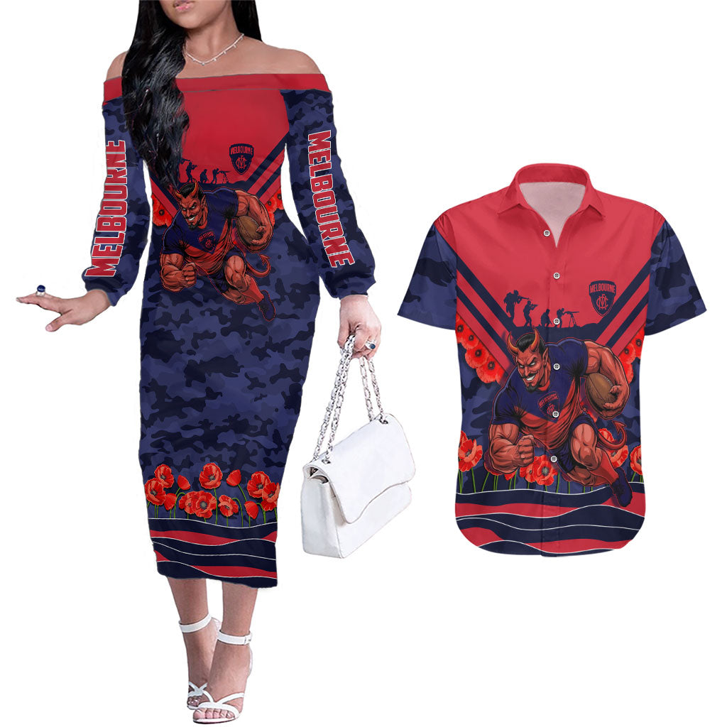Personalised Melbourne Demons ANZAC Couples Matching Off The Shoulder Long Sleeve Dress and Hawaiian Shirt Military Remembrance Australian Football Mascot Camouflage