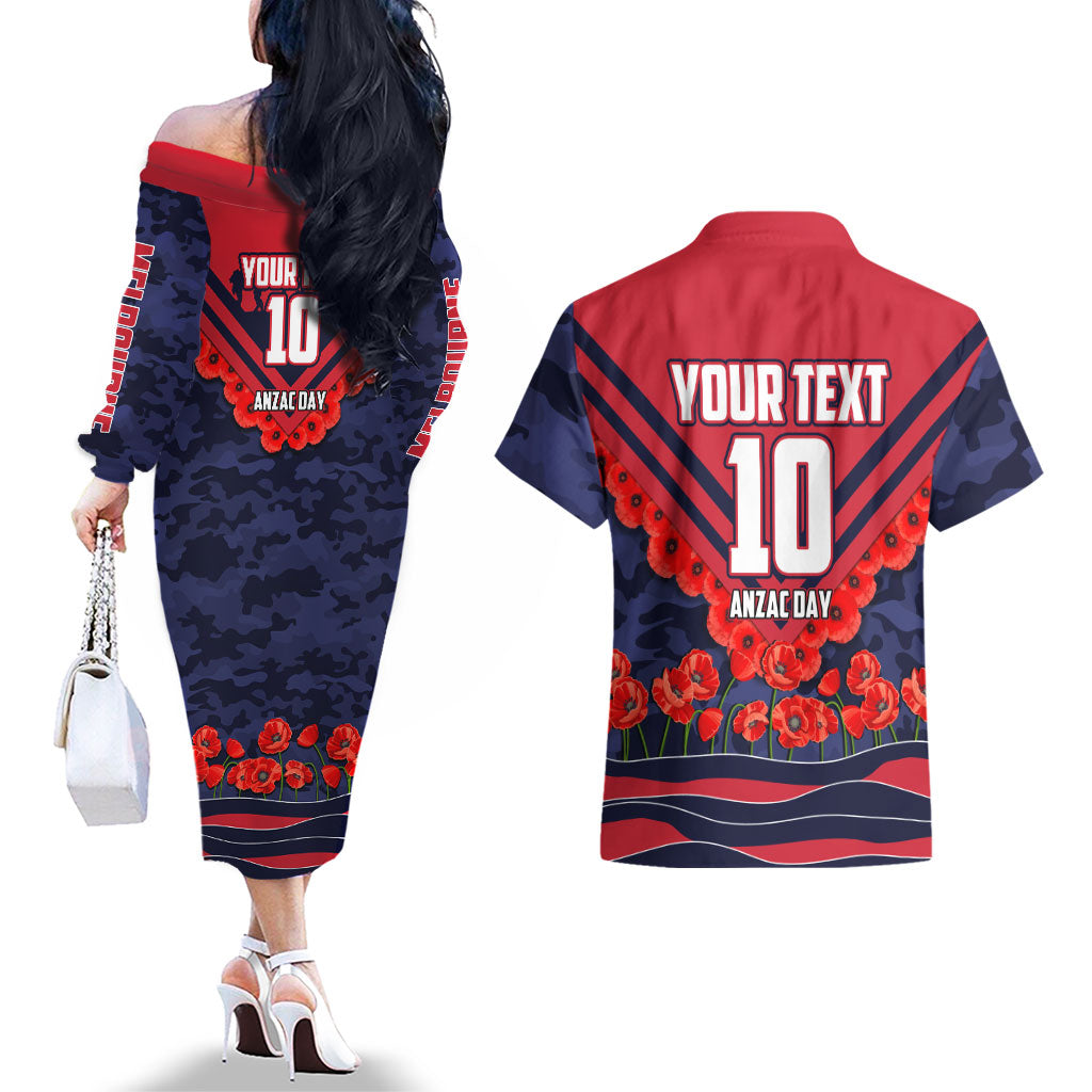 Personalised Melbourne Demons ANZAC Couples Matching Off The Shoulder Long Sleeve Dress and Hawaiian Shirt Military Remembrance Australian Football Mascot Camouflage