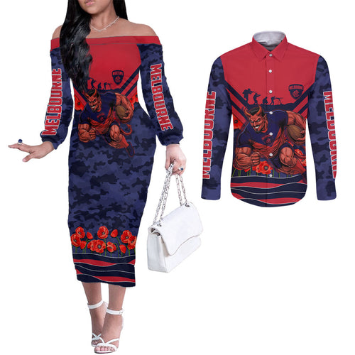 Personalised Melbourne Demons ANZAC Couples Matching Off The Shoulder Long Sleeve Dress and Long Sleeve Button Shirt Military Remembrance Australian Football Mascot Camouflage