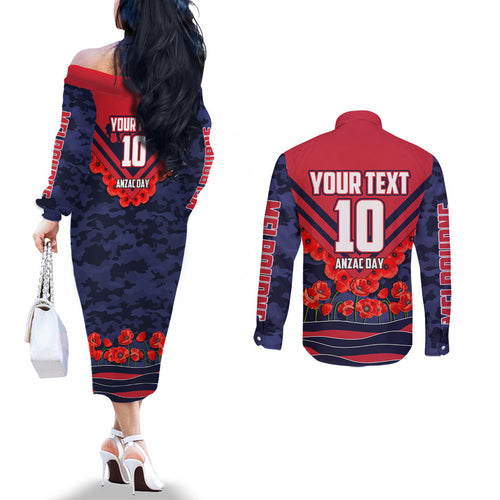 Personalised Melbourne Demons ANZAC Couples Matching Off The Shoulder Long Sleeve Dress and Long Sleeve Button Shirt Military Remembrance Australian Football Mascot Camouflage