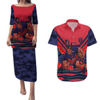Personalised Melbourne Demons ANZAC Couples Matching Puletasi and Hawaiian Shirt Military Remembrance Australian Football Mascot Camouflage
