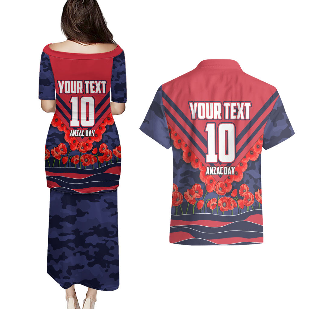 Personalised Melbourne Demons ANZAC Couples Matching Puletasi and Hawaiian Shirt Military Remembrance Australian Football Mascot Camouflage