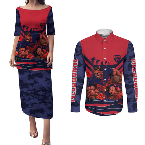 Personalised Melbourne Demons ANZAC Couples Matching Puletasi and Long Sleeve Button Shirt Military Remembrance Australian Football Mascot Camouflage