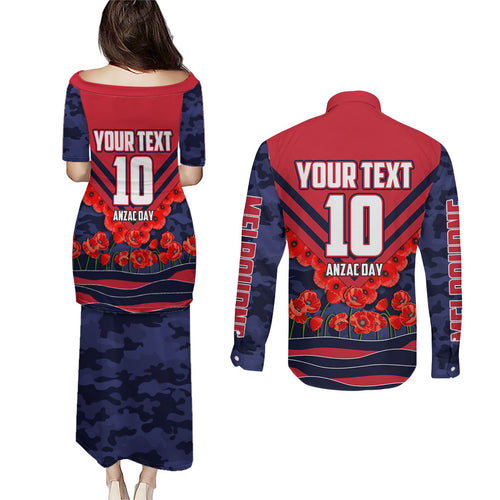 Personalised Melbourne Demons ANZAC Couples Matching Puletasi and Long Sleeve Button Shirt Military Remembrance Australian Football Mascot Camouflage
