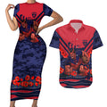 Personalised Melbourne Demons ANZAC Couples Matching Short Sleeve Bodycon Dress and Hawaiian Shirt Military Remembrance Australian Football Mascot Camouflage