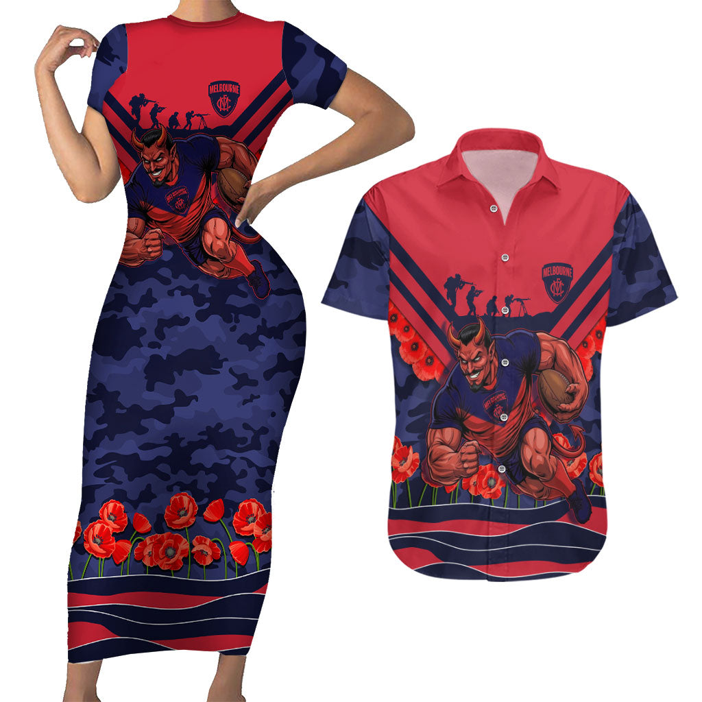 Personalised Melbourne Demons ANZAC Couples Matching Short Sleeve Bodycon Dress and Hawaiian Shirt Military Remembrance Australian Football Mascot Camouflage