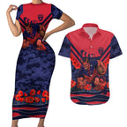 Personalised Melbourne Demons ANZAC Couples Matching Short Sleeve Bodycon Dress and Hawaiian Shirt Military Remembrance Australian Football Mascot Camouflage