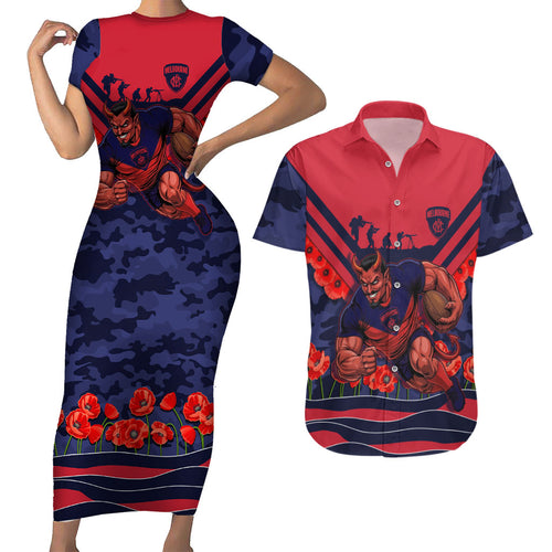 Personalised Melbourne Demons ANZAC Couples Matching Short Sleeve Bodycon Dress and Hawaiian Shirt Military Remembrance Australian Football Mascot Camouflage