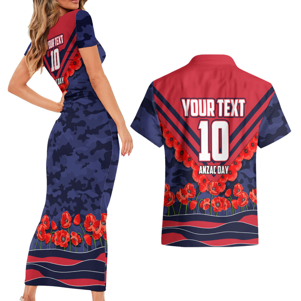 Personalised Melbourne Demons ANZAC Couples Matching Short Sleeve Bodycon Dress and Hawaiian Shirt Military Remembrance Australian Football Mascot Camouflage
