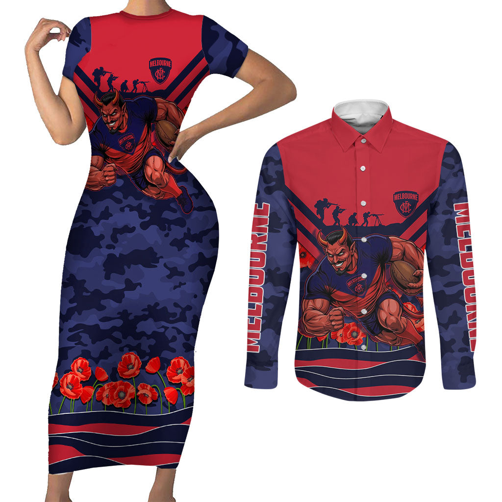 Personalised Melbourne Demons ANZAC Couples Matching Short Sleeve Bodycon Dress and Long Sleeve Button Shirt Military Remembrance Australian Football Mascot Camouflage