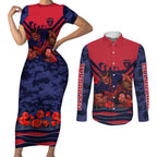 Personalised Melbourne Demons ANZAC Couples Matching Short Sleeve Bodycon Dress and Long Sleeve Button Shirt Military Remembrance Australian Football Mascot Camouflage