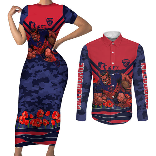 Personalised Melbourne Demons ANZAC Couples Matching Short Sleeve Bodycon Dress and Long Sleeve Button Shirt Military Remembrance Australian Football Mascot Camouflage