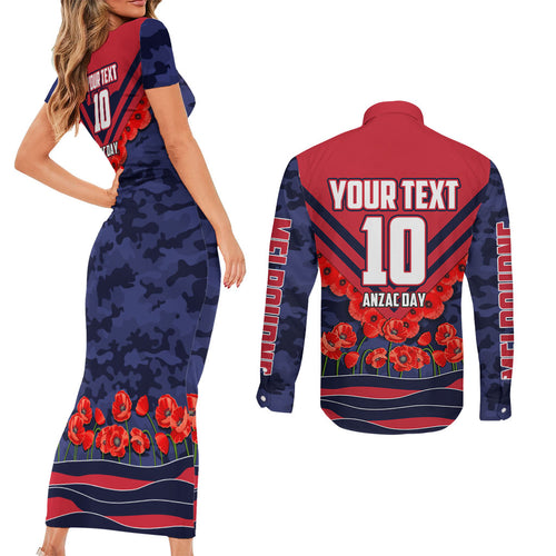 Personalised Melbourne Demons ANZAC Couples Matching Short Sleeve Bodycon Dress and Long Sleeve Button Shirt Military Remembrance Australian Football Mascot Camouflage