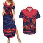 Personalised Melbourne Demons ANZAC Couples Matching Summer Maxi Dress and Hawaiian Shirt Military Remembrance Australian Football Mascot Camouflage