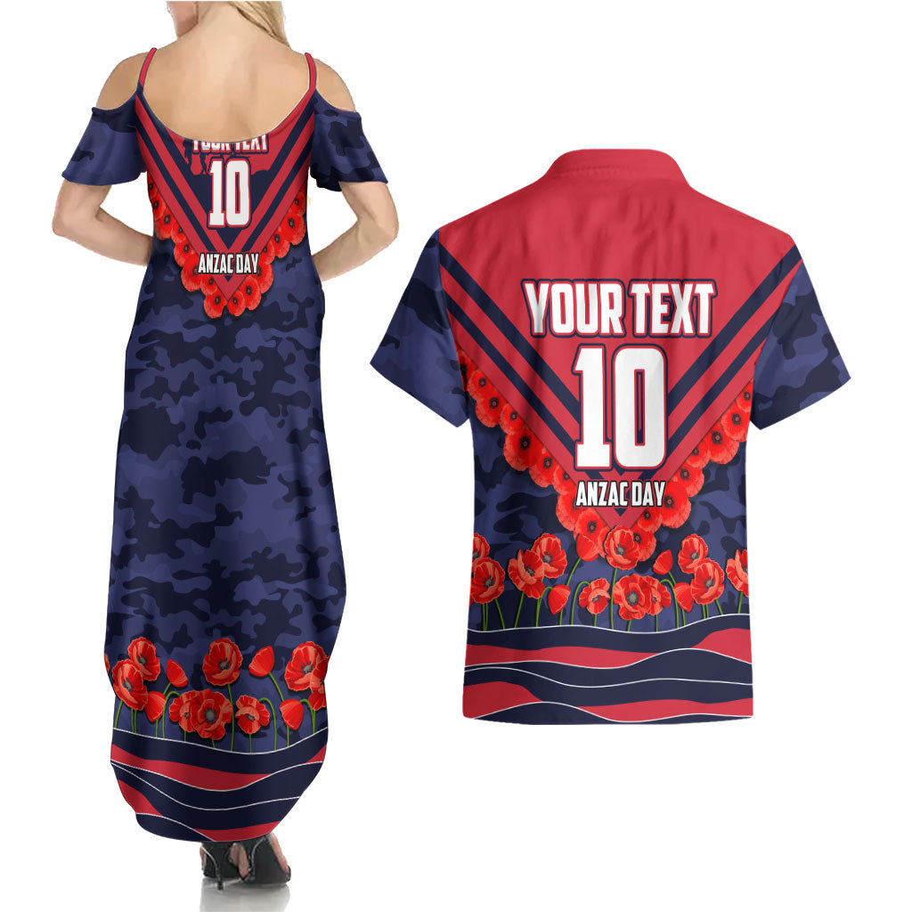Personalised Melbourne Demons ANZAC Couples Matching Summer Maxi Dress and Hawaiian Shirt Military Remembrance Australian Football Mascot Camouflage