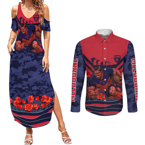 Personalised Melbourne Demons ANZAC Couples Matching Summer Maxi Dress and Long Sleeve Button Shirt Military Remembrance Australian Football Mascot Camouflage