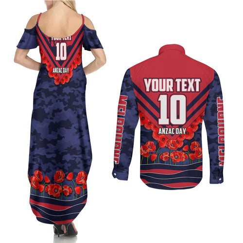 Personalised Melbourne Demons ANZAC Couples Matching Summer Maxi Dress and Long Sleeve Button Shirt Military Remembrance Australian Football Mascot Camouflage