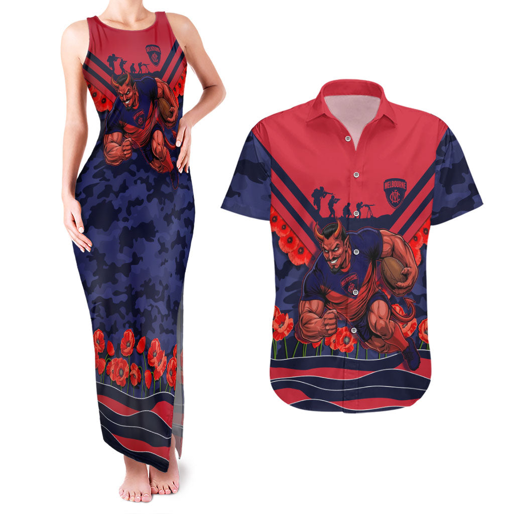 Personalised Melbourne Demons ANZAC Couples Matching Tank Maxi Dress and Hawaiian Shirt Military Remembrance Australian Football Mascot Camouflage