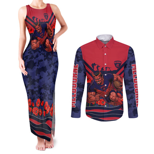 Personalised Melbourne Demons ANZAC Couples Matching Tank Maxi Dress and Long Sleeve Button Shirt Military Remembrance Australian Football Mascot Camouflage
