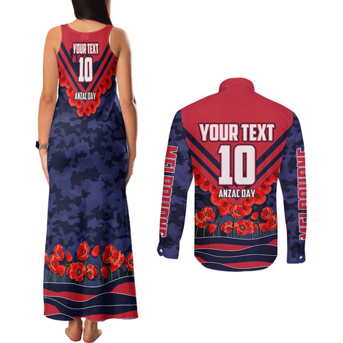 Personalised Melbourne Demons ANZAC Couples Matching Tank Maxi Dress and Long Sleeve Button Shirt Military Remembrance Australian Football Mascot Camouflage