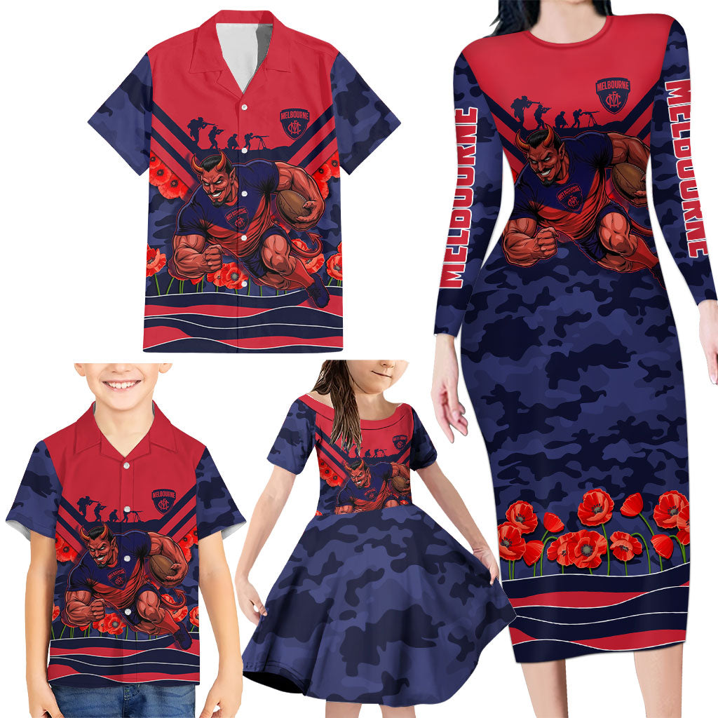 Personalised Melbourne Demons ANZAC Family Matching Long Sleeve Bodycon Dress and Hawaiian Shirt Military Remembrance Australian Football Mascot Camouflage