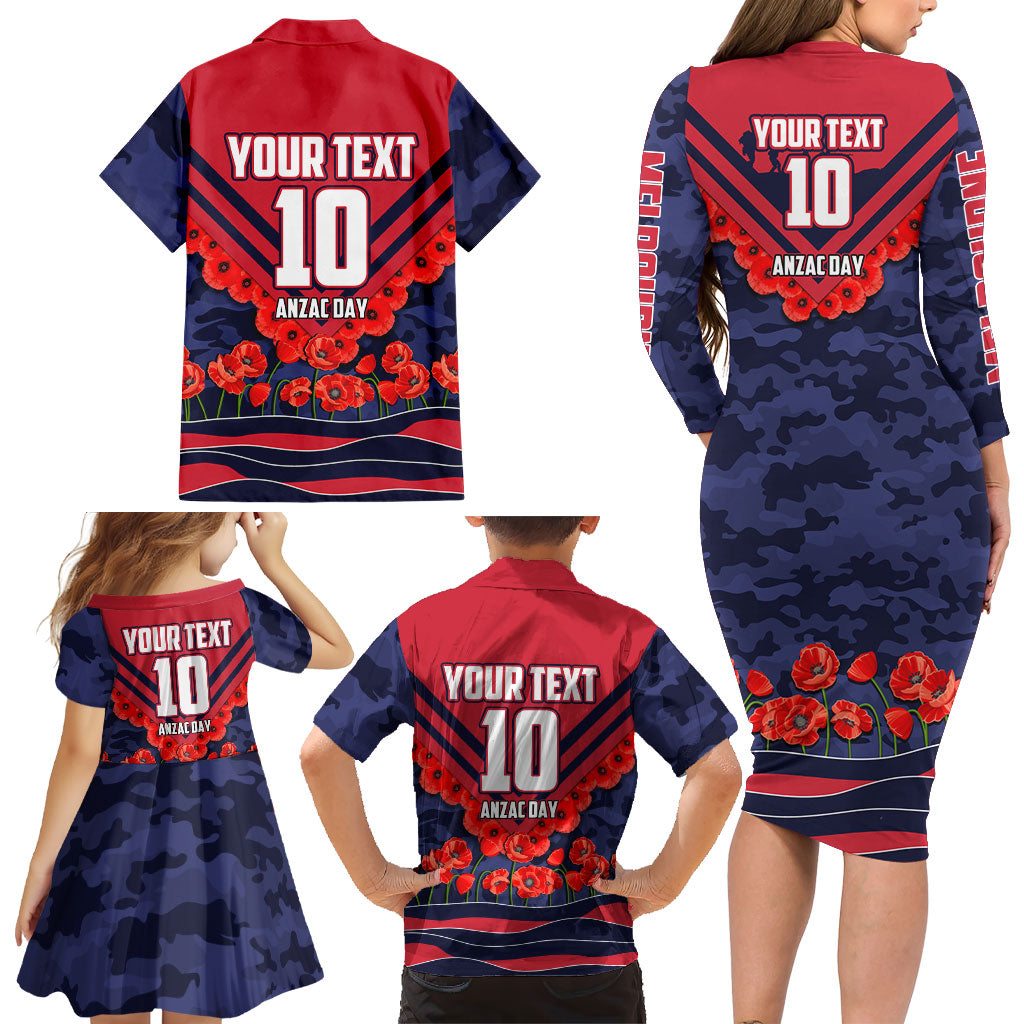 Personalised Melbourne Demons ANZAC Family Matching Long Sleeve Bodycon Dress and Hawaiian Shirt Military Remembrance Australian Football Mascot Camouflage