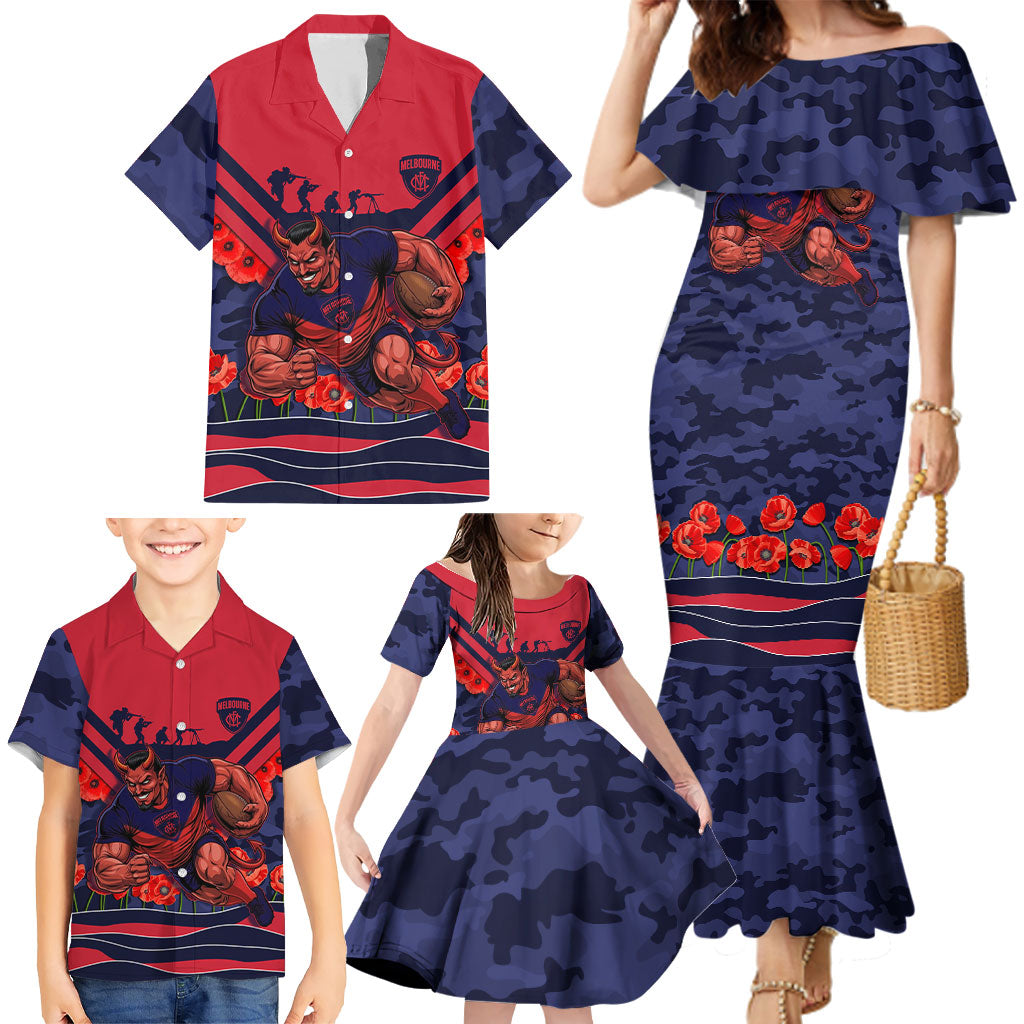 Personalised Melbourne Demons ANZAC Family Matching Mermaid Dress and Hawaiian Shirt Military Remembrance Australian Football Mascot Camouflage