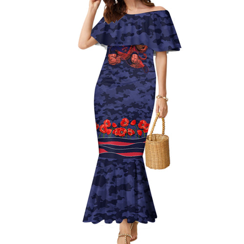 Personalised Melbourne Demons ANZAC Family Matching Mermaid Dress and Hawaiian Shirt Military Remembrance Australian Football Mascot Camouflage